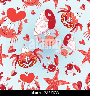 Motif lumineux homogène d'aimer les crabes à cœur sur un fond clair. Motif de fête pour la Saint-Valentin. Illustration de Vecteur