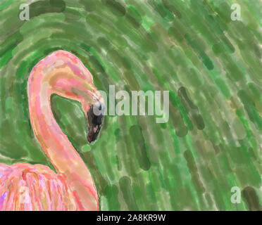 Aquarelle illustration : vue latérale d'un flamant rose, nom scientifique Phoenicopteridae, isolé devant un fond vert sombre, animal Banque D'Images