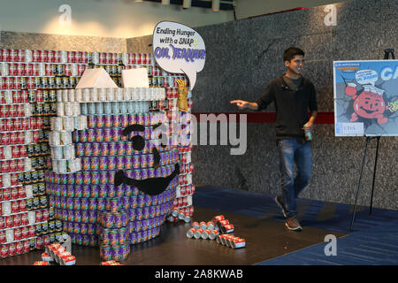Houston, Texas, USA. Nov 9, 2019. Points d'un participant à la lutte contre la Faim "signe" au cours de la 23e exposition annuelle "Canstruction' à Houston, Texas, aux États-Unis le 9 novembre 2019. L'art affiche sont construits entièrement en utilisant les boîtes de don au profit des plus démunis tout au long de Houston. Credit : Qiu Ma/Xinhua/Alamy Live News Banque D'Images