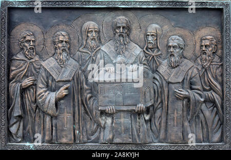 Monument de saint Cyrille et Méthode au centre-ville de Skopje, Macédoine Banque D'Images