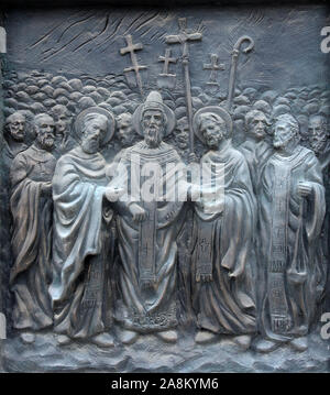 Monument de saint Cyrille et Méthode au centre-ville de Skopje, Macédoine Banque D'Images