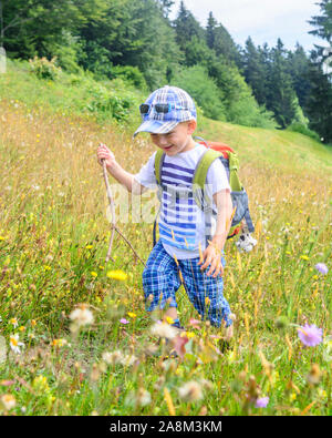 Cute little boy faisant une randonnée dans la nature de la pré-alpes près de Sulzberg dans l'ouest de l'autriche Banque D'Images