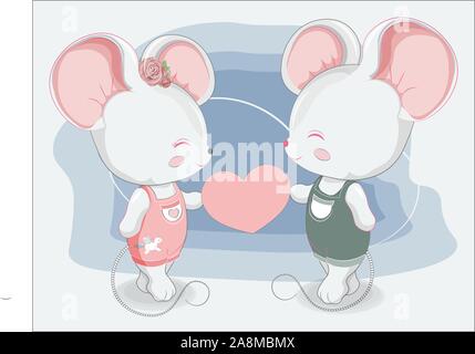 Peu de souris couple garçon et fille en jeans avec coeur rose . Photo dans la main, style de dessin pour T-shirt print design mode d'usure, de l'accueil. Valentine Illustration de Vecteur