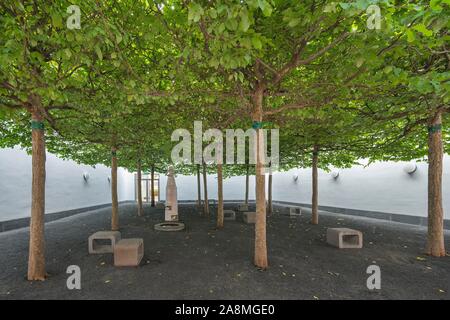 Salle de relaxation avec des platanes, Prannerpassage Ville, Quartier, Funf Hofe, Munich, Haute-Bavière, Bavière, Allemagne Banque D'Images