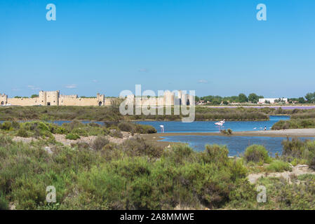 Aigues-Mortes, Salins du Midi, beau paysage avec la ville en arrière-plan Banque D'Images