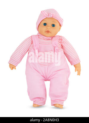 Peluche poupée avec les yeux brillant bleu isolé sur fond blanc avec l'ombre. Cute baby doll chiffon rose sur fond blanc. Poupée avec pinky pac. Banque D'Images