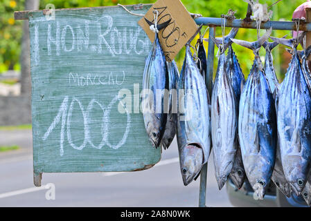 Hung le poisson, tête en bas, les poissons vendus sur la route, Polynésie Française Banque D'Images