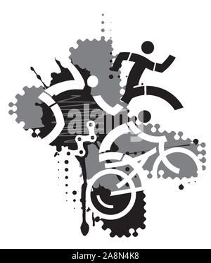 Les coureurs de triathlon, résumé stylisée. Triathlon trois athlètes stylisés sur l'abstrait et noir fond gris. Vector disponibles. Illustration de Vecteur