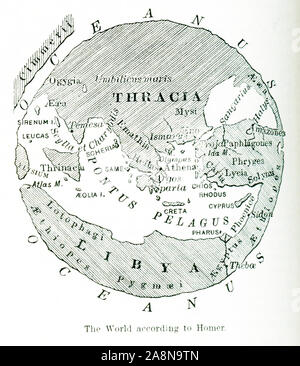 Cette image montre une carte du monde "selon le poète grec Homère." Dans son Iliade, le monde est une plaine ronde entourée d'une grande rivière appelée Oceanus, le ciel est d'un grand toit concave soutenu par des piliers que l'Atlas puissant défend. Sur le largte, disque plat de la terre est une sorte de ceinture ou de zone qui comprend les terres dont il était au courant. Au nord de lait sont nomades. Près des rives de l'Oceanus sont les pygmées. Mentionnés sont Thracia, Libye, Phryges, Pontus Aloha Gardens, et d'autres. L'Odyssée d'Homère comprend beaucoup d'autres noms, y compris Charybde et Scylla. Banque D'Images