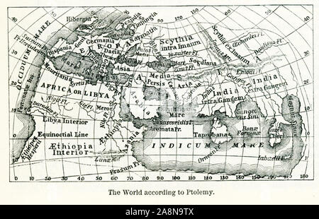 L'on voit ici est le monde selon Ptolémée, un astronome d'Alexandrie, qui vécut autour de 150 AD Son site était composé principalement de listes des endroits indiqués sur les cartes qui circulaient à l'époque et qu'il fait ses autorités. Il a ajouté les latitudes et longitudes. Banque D'Images