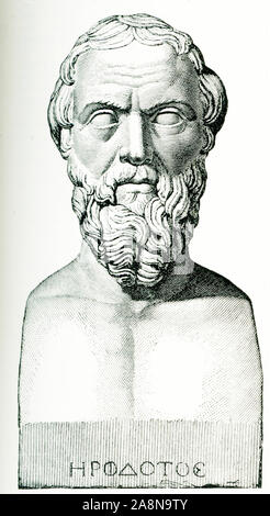 Cette image est de 1897 et est une copie d'un buste d'Hérodote (son nom dans l'alphabet grec ci-dessous). Hérodote (ch. - 484 ch. 425 avant J.-C.) était un historien grec qui est né à Halicarnasse dans l'Empire perse. Il est connu pour avoir écrit le livre de l'histoire, un dossier détaillé de son "enquête" sur les origines de l'Greco-Persian Wars Banque D'Images
