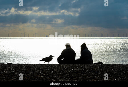 Brighton UK 10 novembre 2019 - Les visiteurs et une mouette profitez d'une belle journée ensoleillée d'automne sur la plage de Brighton, mais plus de temps incertain avec des pluies sont prévues à partir de demain, au Royaume-Uni . En arrière-plan sur l'horizon est l'Rampion Wind Farm Crédit : Simon Dack / Alamy Live News Banque D'Images