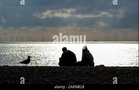 Brighton UK 10 novembre 2019 - Les visiteurs et une mouette profitez d'une belle journée ensoleillée d'automne sur la plage de Brighton, mais plus de temps incertain avec des pluies sont prévues à partir de demain, au Royaume-Uni . En arrière-plan sur l'horizon est l'Rampion Wind Farm Crédit : Simon Dack / Alamy Live News Banque D'Images