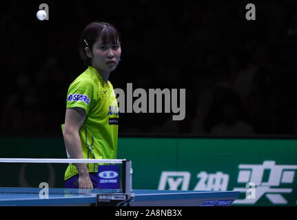 Tokyo, Japon. 10 Nov, 2019. Miu Hirano du Japon réagit au cours de la finale à l'ITTF Coupe du Monde Tokyo 2019 Tokyo au gymnase de la ville de Shinjuku, Tokyo, Japon, le dimanche 10, 2019. À la fin du tournoi l'équipe chinoise prend la victoire dans les deux catégories hommes et femmes. Photo par : Ramiro Agustin Vargas Tabares Crédit : Ramiro Agustin Vargas Tabares/ZUMA/Alamy Fil Live News Banque D'Images