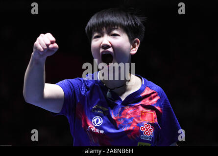 Tokyo, Japon. 10 Nov, 2019. Bien Yingsha célèbre sa victoire contre Ito Mina du Japon pendant le match final à l'ITTF Coupe du Monde Tokyo 2019 Tokyo au gymnase de la ville de Shinjuku, Tokyo, Japon, le dimanche 10, 2019. À la fin du tournoi l'équipe chinoise prend la victoire dans les deux catégories hommes et femmes. Photo par : Ramiro Agustin Vargas Tabares Crédit : Ramiro Agustin Vargas Tabares/ZUMA/Alamy Fil Live News Banque D'Images