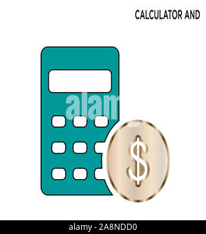 Calculatrice électronique et icône de contour de pièce de dollar. Design de style de ligne et web design. Icône de vecteur de ligne simple de comptabilité d'argent. Symbole, Banque D'Images