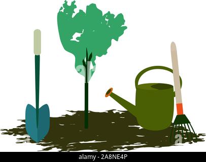 Planter un arbre. Outil de jardin pelle et râteau. Vector illustration sur fond isolé. Illustration de Vecteur