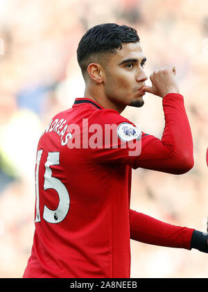 Manchester United, Andreas Pereira fête marquant son premier but de côtés du jeu pendant la Premier League match à Old Trafford, Manchester. Banque D'Images