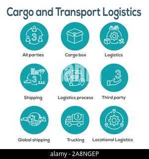 L'icône de la logistique set w bâtiments, de camionnage, d'expédition et les gens fort Illustration de Vecteur