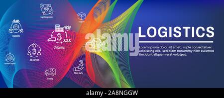 Icon Set logistique et web bannière d'en-tête w bâtiments, de camionnage, d'expédition et les gens fort Illustration de Vecteur