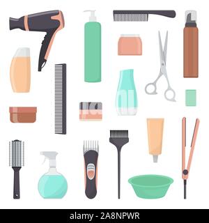 Outils et produits cosmétiques pour les soins capillaires. Outils de coiffure professionnels. Un ensemble d'éléments d'un salon de beauté. Vector illustration style de télévision Illustration de Vecteur