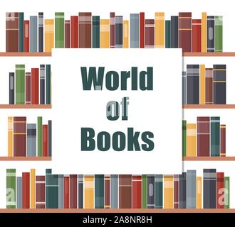 Monde des livres concept. Des étagères avec des dos de livres. Livres sur une étagère. Vector illustration style de télévision Illustration de Vecteur
