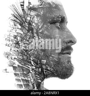 Paintography. L'exposition double portrait d'un homme avec de fortes caractéristiques combinées avec la peinture à la main de lignes répétitives qui se dissolvent dans sa peau Banque D'Images
