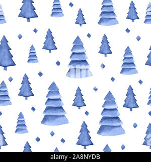 Aquarelle hand drawn seamless pattern avec le bleu indigo des arbres. Hand drawn pines isolé sur fond blanc Banque D'Images