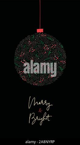Joyeux et lumineux Mots Script Calligraphie et d'Hand-Drawn Babiole Doodle Swirls, hiver Maison de feuillage sur fond noir. Fête de Noël Vertic Illustration de Vecteur