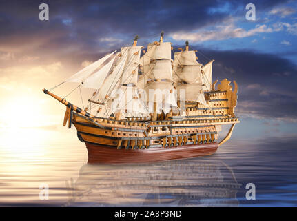 Vieux galleon naviguant sur une mer calme Banque D'Images