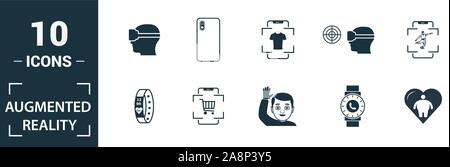 Ar et Vr icon set. Éléments de création : réalité augmentée, 360 avis, la reconnaissance du visage, les lunettes de réalité augmentée, des icônes. Peut être utilisé Illustration de Vecteur