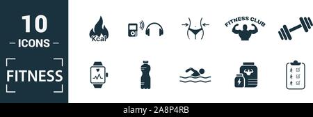 Icon Set de remise en forme. Inclure des éléments créatifs en piscine, brûler des calories, de l'eau, la malbouffe, la restauration d'icônes. Peut être utilisé pour rapport, présentation Illustration de Vecteur