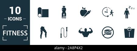 Icon Set de remise en forme. Inclure des éléments créatifs en piscine, brûler des calories, de l'eau, la malbouffe, la restauration d'icônes. Peut être utilisé pour rapport, présentation Illustration de Vecteur