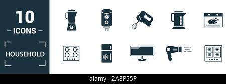 Ménage icon set. Inclure des éléments créatifs accueil d''un réfrigérateur, plaque électrique, ventilateur, lave-vaisselle, bain-marie d'icônes. Peut être utilisé pour rapport, présentation Illustration de Vecteur