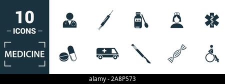 Médicament icon set. Inclure des éléments créatifs sac médical, pilules, mélange, ADN, icônes pipette. Peut être utilisé pour rapport, présentation, dessin, web Illustration de Vecteur