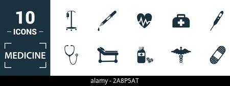 Médicament icon set. Inclure des éléments créatifs sac médical, pilules, mélange, ADN, icônes pipette. Peut être utilisé pour rapport, présentation, dessin, web Illustration de Vecteur