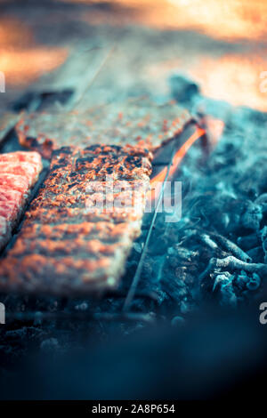 Cuisine balkanique, caévapote de bœuf de porc, caévapocici. Bâtonnets de viande hachés. Griller sur une flamme nue dans la nature Banque D'Images