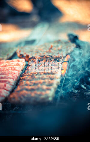 Cuisine balkanique, caévapote de bœuf de porc, caévapocici. Bâtonnets de viande hachés. Griller sur une flamme nue dans la nature Banque D'Images