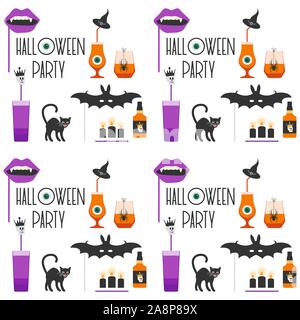 Halloween Party 2020 Vector illustration inscription Halloween party, verre, bouteille, spider, crâne, chauve-souris, la bouche de vampire masque, chapeau de sorcière, chat, bougies, Illustration de Vecteur