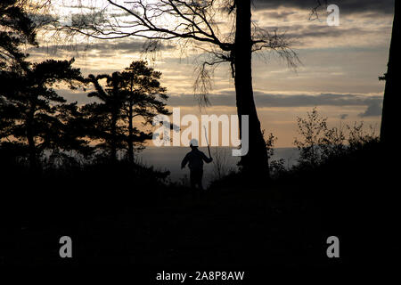 Surrey, UK. 10 Nov, 2019. Garçon sur le ciel d'automne que le soleil descend au-delà de Leigh Hill woodland situé dans les collines du Surrey, England, UK 10 novembre 2019 Crédit : Jeff Gilbert/Alamy Live News Banque D'Images