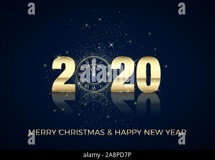 Bonne année Carte de Vœux. Horloge dorée au lieu de zéro en 2020. Maison de vacances compte à rebours de minuit. L'élément de décoration de Noël pour la Bannière ou invitation. Illustration de Vecteur