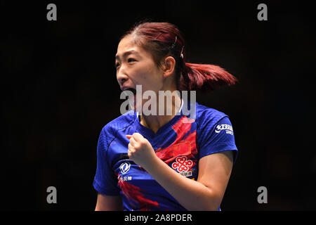 Tokyo, Japon. 10 Nov, 2019. Liu Shiwen équipe de Chine célèbre lors de son match contre l'équipe de Miu Hirano au Japon au cours de la finale féminine entre la Chine et le Japon lors de la Coupe du Monde 2019 Équipe de l'ITTF à Tokyo, Japon, le 10 novembre 2019. Credit : Hua Yi/Xinhua/Alamy Live News Banque D'Images
