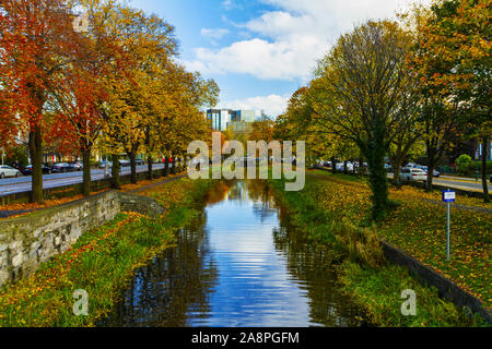 Vue du Grand Canal Pont Huband avec Dublin / coloré d'automne feuillage d'automne, montrant les chemins de halage le long des canaux, des arbres et de l'herbe. Blocage du canal C3 Banque D'Images