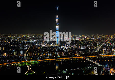 Vue aérienne de la rivière Sumida, Tokyo Skytree, et paysage japonais à Tokyo ville la nuit. Le Japon, paysage urbain Tourisme monument, Asia travel destination Banque D'Images