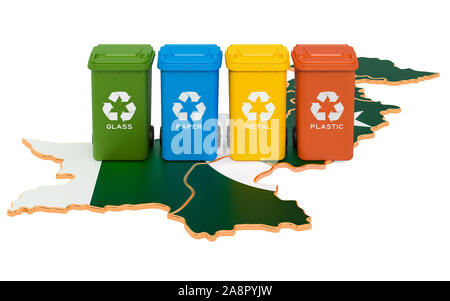 Le recyclage des déchets au Pakistan. Poubelles de couleur sur la carte du Pakistan, rendu 3D isolé sur fond blanc Banque D'Images