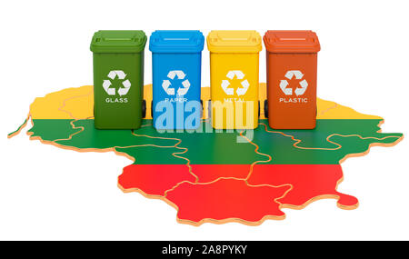 Le recyclage des déchets en Lituanie. Poubelles de couleur sur la carte de la Lituanie, rendu 3D isolé sur fond blanc Banque D'Images