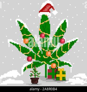 La marijuana de Noël, Nouvel An feuille de cannabis avec décorations et cadeaux. Illustration vectorielle stock de feuilles de cannabis pour Noël / Nouvel an. Illustration de Vecteur