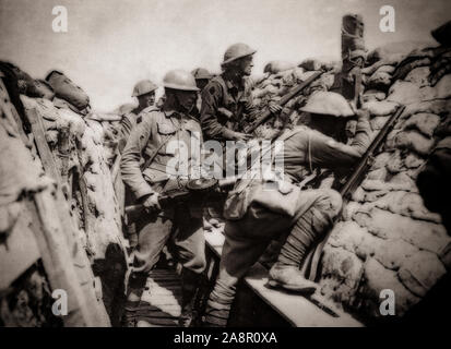 Soldats de la 2e Division australienne dans les tranchées pendant la Première Guerre mondiale. Ils ont d'abord été envoyé dans la région de la frontière belge à se familiariser avec certaines des nouvelles armes de la guerre moderne, y compris le gaz. Ils ont ensuite porté sur les tranchées de la ligne de front près de Armentières dans le département du Val-de-France dans le nord de la France. Il s'agissait d'une région connue sous le nom de "la pépinière" et bien qu'il s'agissait d'un secteur relativement calme, il y a eu des périodes de forte combats, bombardements, et quelques raids lourds ; à la fin du mois de juin plus de 600 hommes avaient été tués. Banque D'Images