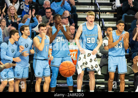 Winston-Salem, NC, USA. 10 Nov, 2019. Columbia Lions banc réagit à la Smash au match de basket-ball de NCAA à LJVM Coliseum de Winston-Salem, NC. (Scott Kinser/Cal Sport Media). Credit : csm/Alamy Live News Banque D'Images