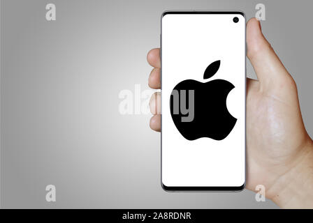 Logo de compagnie publique Apple Inc. affiché sur un smartphone. Fond gris. Credit : PIXDUCE Banque D'Images